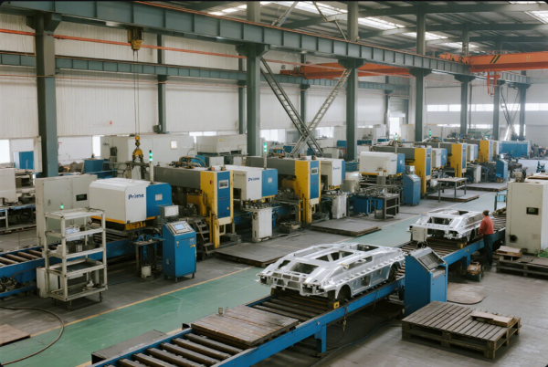 The photo shows a spacious, modern factory floor equipped with multiple automated stamping presses and robotic assembly workstations. On the production line, large metal automotive parts are being transported along blue conveyor systems. The "Prime" brand name is visible on several machines, highlighting the factory’s identity. Overhead cranes, safety equipment, and industrial shelving further indicate an advanced, high-capacity manufacturing environment focused on precision and mass production.