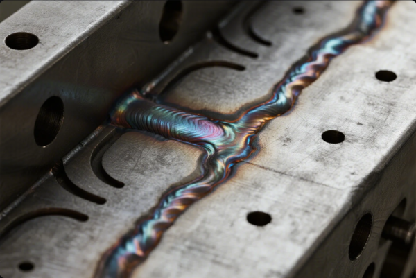 This image captures a detailed, close-up view of a machined metal component with expertly executed weld seams. The weld displays vivid, iridescent colors—blue, purple, and gold—indicating a clean and controlled welding process. Precise holes and cutouts surround the welds, highlighting advanced manufacturing and metalworking capabilities typical in industrial and custom parts production.