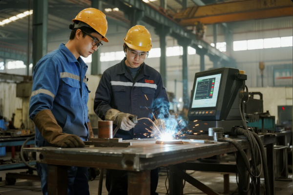 This image shows two factory workers wearing safety helmets, goggles, gloves, and protective clothing as they operate welding equipment on a large metal workpiece. One worker is actively welding, producing visible sparks and smoke, while the other supervises the process. A CNC control panel is positioned beside them, displaying technical data, highlighting the integration of automation and skilled labor in a professional industrial manufacturing environment. The background features a spacious, well-lit factory floor with heavy machinery and steel structures.