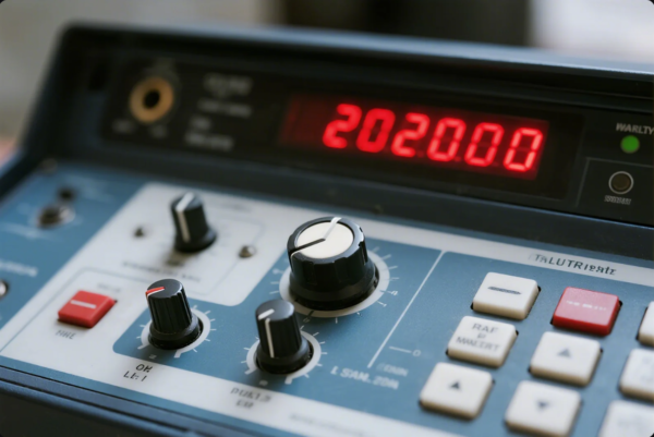This image shows a detailed view of an industrial machine control panel. The panel features several rotary adjustment knobs, push buttons (including red and white ones), and a bright red digital LED display indicating the number "202000." The panel has labels and markings for different settings and controls, reflecting its use in precise machinery operation, such as in a manufacturing or engineering environment. The interface suggests functionality for calibration, monitoring, or setting parameters for industrial processes.