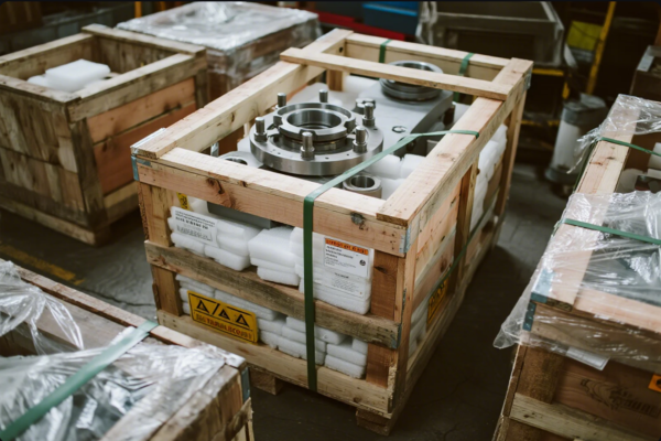 The image shows a heavy-duty machined metal part, such as a flange or industrial fitting, safely packed inside a sturdy wooden crate. Foam padding surrounds the component for protection during transportation. The crate is reinforced with green metal bands and labeled with shipping and safety instructions, ensuring the part arrives undamaged at its destination. The surrounding environment appears to be a manufacturing or warehouse facility, with similar crates and equipment visible in the background.