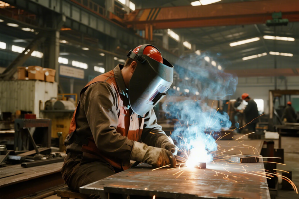 The image shows a welder in full safety gear, including a dark welding helmet and gloves, focused on welding a piece of metal at a workstation. Bright sparks and blue smoke rise from the welding arc. The factory environment in the background is filled with machinery, equipment, and other workers, highlighting an active and organized industrial production setting. The overall atmosphere reflects a busy manufacturing operation with strict safety protocols.