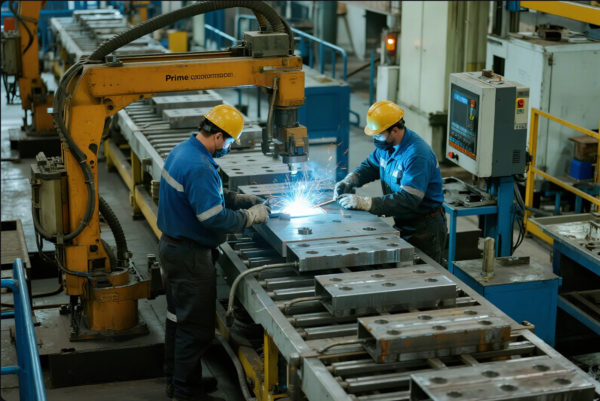 The image shows two male workers, both wearing blue safety uniforms, yellow hard hats, protective gloves, and masks, supervising the welding process on large steel plates. They are working with an industrial robotic welding arm, which is actively welding with visible sparks and bright light. The setting is a modern manufacturing plant with an automated production line, advanced machinery, and organized workstations, demonstrating a high level of industrial automation and safety standards.