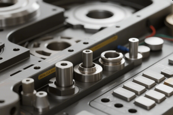 This image features an array of high-precision CNC machined metal parts, including bushings, spacers, shafts, and flanges, neatly organized on a grey industrial workbench. The components have a smooth, metallic finish and are positioned alongside a control panel with multiple buttons, indicating a setting related to advanced manufacturing or assembly. The background includes additional technical components and wiring, reflecting a modern, high-tech production environment.