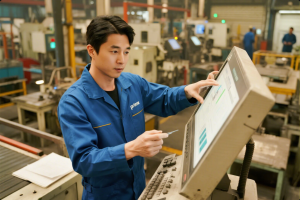 A young male engineer wearing blue coveralls with the "prime" logo is seen working on a large industrial touch-screen control panel inside a brightly lit manufacturing plant. He uses a stylus to interact with the display, which shows charts and data. The background features advanced machinery and equipment, highlighting an organized and technologically advanced production environment.