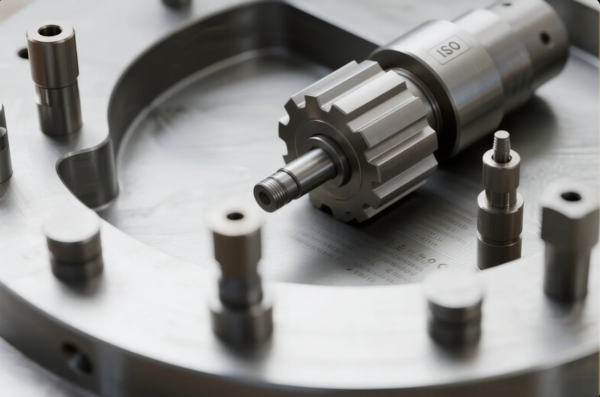 This image shows a high-precision metal gear shaft marked with "ISO" alongside multiple cylindrical metal components, all placed on a metallic work surface. The photo highlights the quality machining, detailed finishes, and technical excellence typical in advanced industrial parts manufacturing. The arrangement suggests a focus on quality control and engineering standards in metalworking.