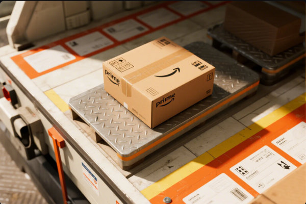 This image shows a sealed Prime-branded cardboard box sitting on a diamond-patterned metal weighing platform, likely as part of a shipping or packaging process. The background includes other packages, shipping labels, and elements typical of a warehouse or logistics center, highlighting the efficiency and organization of modern order fulfillment operations.