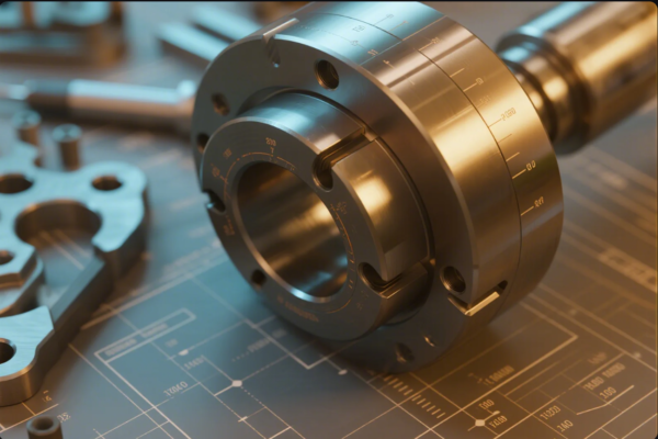The image displays a highly accurate, precision-machined cylindrical metal component with engraved measurement scales. The part is positioned on an engineering blueprint or technical drawing, surrounded by other machined components and tools. The overall scene emphasizes precision engineering, advanced manufacturing, and the importance of exact specifications in industrial production.