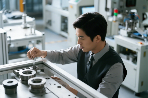 The image shows a professional engineer, dressed in a grey shirt, tie, and dark vest, carefully inspecting metal parts using a measuring instrument. The engineer is focused on the task, working at a well-organized inspection station with various machined metal components. The background features advanced manufacturing equipment and a clean, modern industrial environment, emphasizing quality control and attention to detail in the production process.