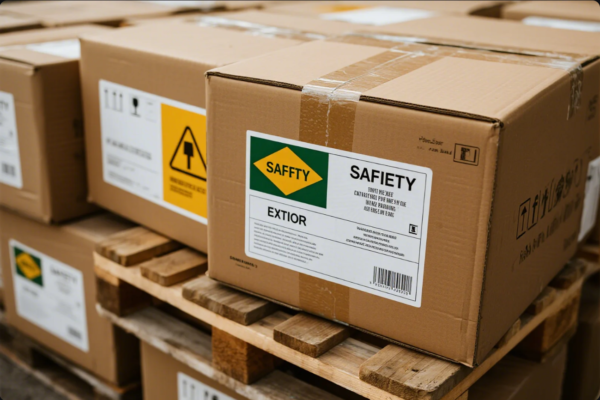 This image shows several large cardboard boxes neatly stacked on a wooden pallet in an industrial warehouse. The box in the foreground features a prominent label with the words “SAFFTY SAFIETY” and additional handling instructions. The label includes a yellow caution symbol and storage directions, emphasizing the importance of careful handling. The scene conveys industrial packaging, storage, and logistics safety.