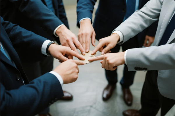 This image shows several business professionals dressed in formal suits standing in a circle. Each person is extending a finger to touch the center, where interlocking puzzle pieces meet. The scene represents unity, collaboration, and the concept of working together to solve problems or achieve a common goal. The focus is on hands and puzzle pieces, emphasizing teamwork and partnership in a professional setting.