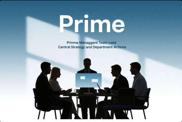 The image shows the dark silhouettes of five business professionals seated around a conference table, engaged in discussion. The background features a blue gradient with light shadows resembling large windows. Prominently displayed at the top is the word "Prime" in bold, white letters, and below it, the phrase "Prime Management Team called Central Strategy and Department Actions." The scene conveys teamwork, leadership, and corporate strategy, emphasizing a central, unified approach to business management.