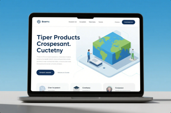 The image shows a laptop on a white table with a clear blue sky background. On the screen is a sample website design featuring large, bold blue text reading "Tiper Products Crospesant. Cucetcny." To the right is a colorful 3D illustration of a world map cube with two business people standing beside it. The layout is modern and clean, resembling a technology or global solutions company homepage. The website header includes a logo, navigation bar, and a blue call-to-action button, with the rest of the page displaying placeholder text and design elements for further content.