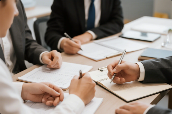 This image shows a close-up view of several businesspeople sitting around a meeting table, each dressed in business suits. They are actively engaged in discussion, taking notes, and reviewing printed spreadsheets and documents. Some are holding pens and writing in notebooks, while tablets and other office materials are also visible on the table, conveying a sense of teamwork, planning, and corporate collaboration.