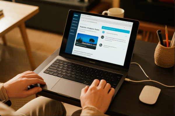 The image shows a close-up view of someone working at a black desk on a laptop, which displays a professional website or dashboard featuring a main image, text, and navigation menu. The person's hands are on the laptop, and a white mouse is placed on the desk to the right. A small cup with pens and pencils and a coffee mug are also visible, with a light, home-office or casual workspace setting in the background. The screen suggests an online meeting, collaboration, or digital product management environment.
