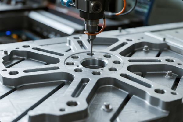 This image shows a close-up of a CNC (Computer Numerical Control) milling machine in operation. The machine’s spindle is actively drilling or machining a large, precisely engineered aluminum part with a complex geometric pattern of holes, slots, and contours. The part is securely fixed on the worktable, demonstrating advanced manufacturing technology for high-precision metal component fabrication. The environment reflects a modern, high-tech machine shop setting focused on quality and accuracy.