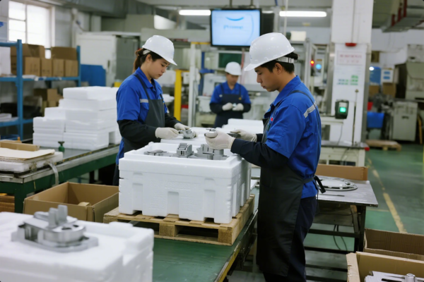 This image shows a modern industrial workshop where two workers, wearing blue uniforms, aprons, and white safety helmets, are inspecting precision metal parts and placing them into custom white foam packaging on a conveyor line. Stacks of similar foam trays and cardboard boxes are visible, and the organized, clean environment highlights an efficient quality control and packaging process for metal components. A digital display with the Prime logo is visible in the background, reinforcing a sense of branding and modern production standards.