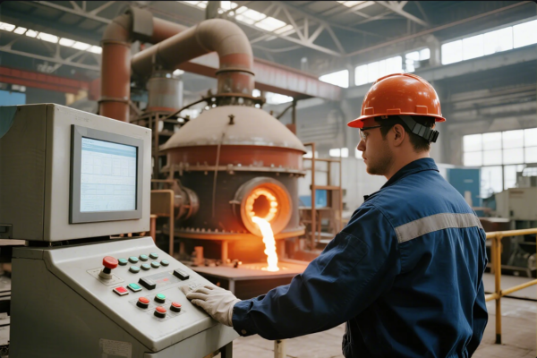 This image depicts a manufacturing environment where a worker, equipped with a blue uniform, gloves, and an orange hard hat, is standing at a computerized control station. Behind the operator, a large industrial furnace is actively pouring a stream of glowing molten metal, highlighting the intense heat and advanced automation involved in metal casting or smelting operations. The background shows a spacious, well-lit factory with heavy equipment and ventilation ducts, emphasizing modern industrial production processes.