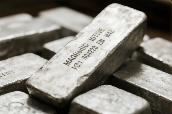 This image shows a pile of cast metal ingots, with the focus on one ingot in the foreground. The surface of the ingot features engraved text, indicating a specific alloy or batch number ("MAGHetiC IOTIVE 504223 EM M42"). The bars have a rough, unfinished texture and metallic sheen, typical of raw industrial metal stock ready for further processing or melting in manufacturing applications.