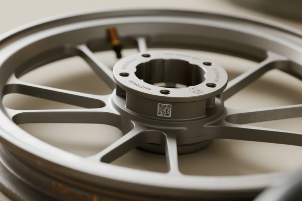 This image shows a high-quality, silver-colored metal wheel hub, possibly for an automotive or motorcycle application. The hub features a multi-spoke design and detailed CNC machining. There are several precision-drilled holes around the central opening and engraved technical markings along the hub’s face, as well as a QR code label for product identification and traceability. The background is softly blurred, drawing attention to the craftsmanship and detail of the metal component.