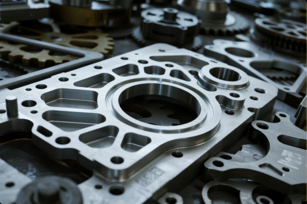 This image shows an assortment of precisely machined metal components, likely made from aluminum or steel, laid out on a workbench. The main focus is on a large, intricately designed part with multiple circular holes, channels, and mounting points, demonstrating advanced CNC milling techniques. Around it, various gears, spacers, and industrial parts are visible, highlighting the diversity and complexity of high-precision custom machining for industrial applications. The metallic surfaces have a clean, brushed finish, reflecting the high quality of the manufacturing process.