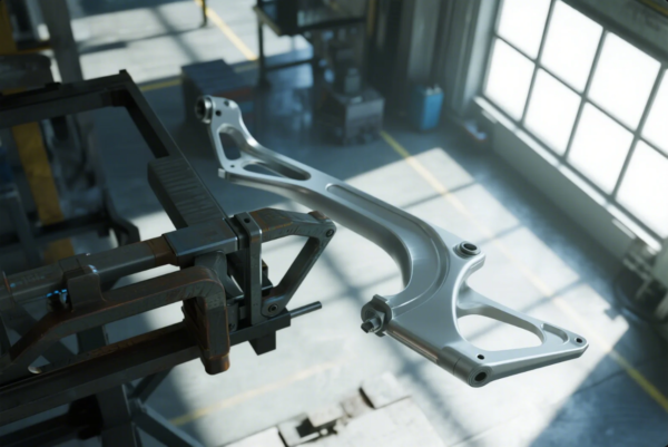 This image displays a close-up of a lightweight, intricately machined aluminum suspension control arm, securely clamped in a quality control or measurement fixture inside a modern industrial facility. The component features smooth surfaces, rounded edges, and milled pockets to reduce weight while maintaining strength—typical of automotive or motorsport applications. The background shows a clean, sunlit workshop with large windows and production equipment, emphasizing a focus on precision engineering and manufacturing quality.