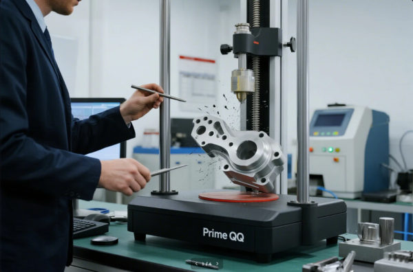 The image shows an engineer in a formal suit operating a mechanical testing machine labeled "Prime QQ" in a laboratory. The machine is applying force to a precision-machined automotive part, causing visible cracks and deformation to evaluate the component’s failure point and material properties. The laboratory setup includes computers, measurement tools, and testing equipment in the background, reflecting a focus on quality assurance, material testing, and industrial standards compliance.