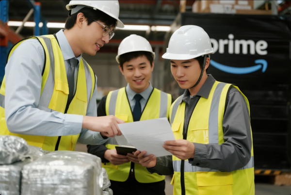 This image shows three young male workers wearing yellow reflective safety vests, white hard hats, and business attire. They are standing together in a warehouse or distribution center, discussing paperwork—likely related to shipping or inventory. One person points at the document while another holds it, and the third smiles while holding a tablet. Behind them, a large package or vehicle with the “Prime” logo and a blue arrow is visible, indicating the logistics focus of the scene. The overall setting suggests teamwork, safety, and efficiency in a professional industrial or logistics environment.