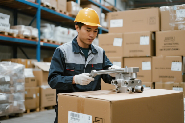 A male worker dressed in a dark work jacket, light gloves, and a yellow safety helmet is seen standing in a warehouse surrounded by pallets and stacks of cardboard boxes. He is focused on using a long wrench to adjust or check a heavy metal component resting on a sealed box, indicating a process of inspection, assembly, or preparation for shipment. The scene highlights industrial logistics, attention to detail, and workplace safety in a professional manufacturing or distribution setting.