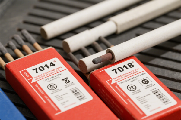 This image shows a close-up view of welding electrodes (welding rods) and their packaging. The red boxes are prominently labeled "7014" and "7018," which indicate the electrode types used in shielded metal arc welding (SMAW). Several individual electrodes, coated in flux, are visible both inside and outside the boxes. The background consists of a dark, grooved surface, emphasizing the focus on welding materials and tools used in metalworking and fabrication.