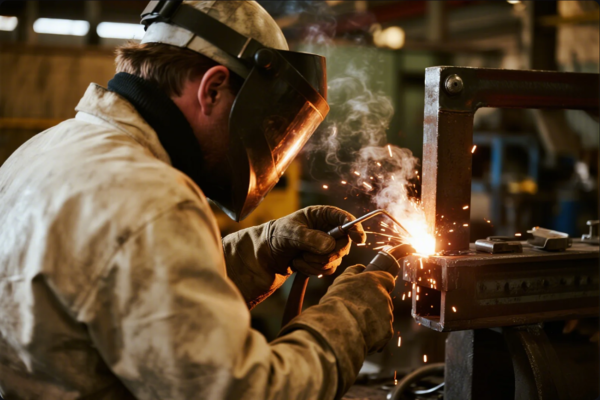This image shows a welder at work, dressed in a heavy-duty protective jacket, gloves, and a dark welding helmet with a face shield. The welder is joining metal parts using a welding torch, producing bright sparks and visible smoke at the point of contact. The setting appears to be an industrial workshop, with machinery and metal structures in the background, emphasizing a professional fabrication environment.