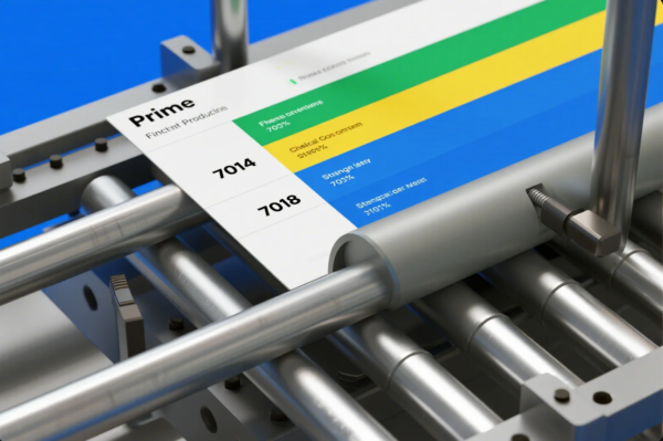 This image features a detailed view of an industrial machine with several shiny metal rollers guiding a printed chart or label. The chart, labeled "Prime," displays product names and specifications for welding electrodes (7014 and 7018), highlighted in colorful bands (green, yellow, blue). The setup suggests a quality control, labeling, or packaging process in a manufacturing environment, with the metallic components emphasizing precision and modern engineering. The background is bright blue, adding a clean, professional look.