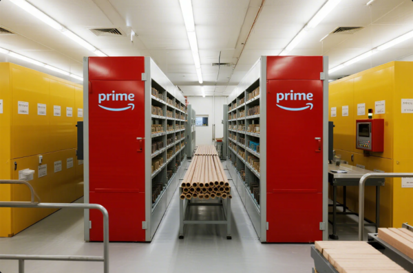 This image shows a brightly lit warehouse or storage facility with tall, red shelving units prominently labeled "prime" on both sides of the central aisle. The shelves are filled with small boxed or cataloged items. In the center, a cart or table is loaded with neatly stacked cylindrical tubes. The walls and additional shelving units are painted yellow, and the environment appears clean, modern, and highly organized, suitable for efficient inventory management and order fulfillment.
