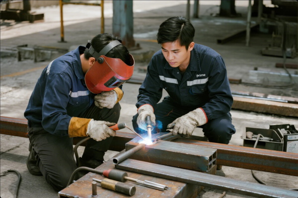 This image shows two workers, both wearing dark blue uniforms and protective gloves, engaged in welding metal pipes on a workshop floor. One worker is using a welding torch, generating a bright blue arc and sparks, while the other, wearing a red welding helmet, observes closely. The uniforms are branded with the "Prime" logo, and various metalworking tools and materials are arranged nearby. The scene highlights teamwork, precision, and safety in a professional industrial environment.