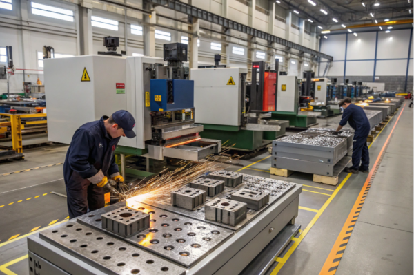 This image shows a spacious and well-lit manufacturing facility with multiple rows of advanced CNC machines lined up along the factory floor. Two workers in blue uniforms are actively engaged with the equipment—one is using a tool that creates bright sparks as it processes a metal workpiece, while the other tends to another station. Large metal plates and blocks are arranged on worktables in front of each machine, highlighting an efficient, high-volume metal fabrication environment focused on precision engineering and modern industrial automation.