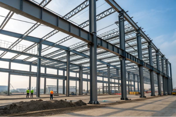 This image shows the skeletal steel structure of a large industrial building in the early stages of construction. Tall steel beams and trusses form a grid, outlining the building's future shape. Several construction workers in high-visibility vests and helmets are present on site, highlighting active construction work. The background reveals an open, expansive construction area under a clear sky, emphasizing the scale and engineering involved in modern industrial development.