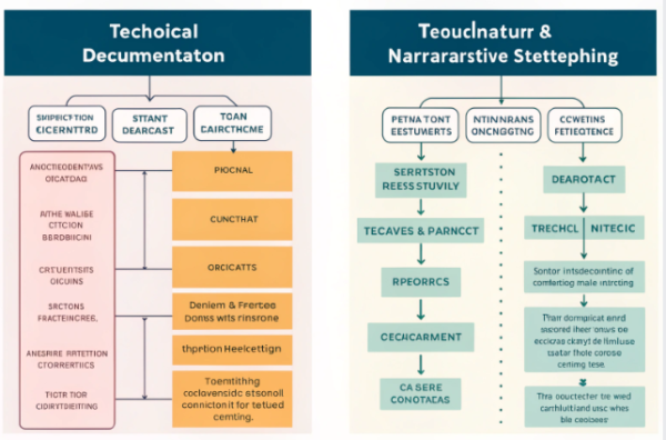 This image presents two side-by-side flowcharts, each using deliberately altered or scrambled English words to mimic the structure of technical documentation and storytelling processes. The left chart, titled "Techoical Decumentaton," features columns and arrows showing connections between categories like "SHIPECTION CIGERTRND," "STTANT DEARCAST," and "TOAN CAIRTCHME," with further steps branching out below. The right chart, labeled "Teouclnaturr & Narrararstve Stettephing," similarly displays interconnected boxes and paths with equally distorted headings and steps. The overall look is professional and organized, designed to resemble genuine process diagrams, but the content is intentionally humorous and nonsensical.