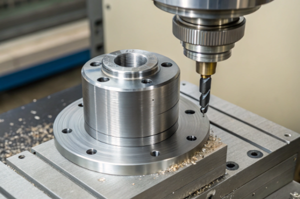 This image shows a close-up of a CNC milling machine in operation, using a drill bit to machine holes into a shiny, cylindrical metal component fixed to a flat worktable. Metal shavings surround the part, indicating active machining. The setup highlights advanced manufacturing technology and precision engineering used to produce high-quality industrial metal parts.