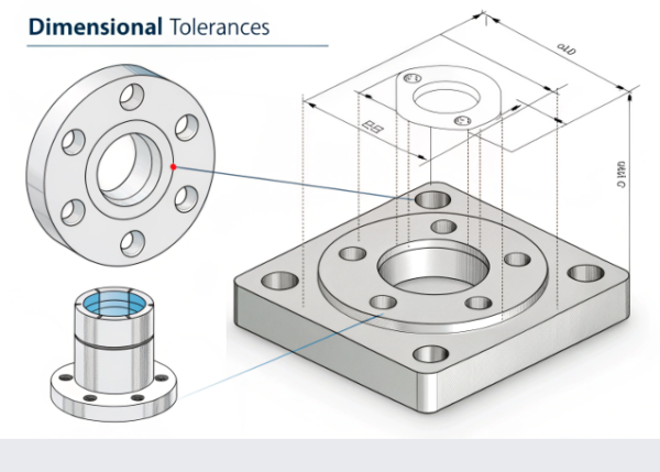 This image displays a set of technical engineering drawings and 3D renderings of metal flange and block components, used to illustrate the concept of "Dimensional Tolerances." The graphics include isometric and exploded views, with precise measurements and tolerance notations. The drawings emphasize accuracy in manufacturing, highlighting the importance of maintaining specific dimensions and allowable variations for high-quality mechanical parts. The layout is clean and professional, suitable for engineering documentation or educational materials.