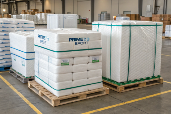 This image shows several large pallets of white, tightly wrapped industrial goods stacked on wooden pallets inside a clean, organized warehouse. The packaging is clearly labeled with "PRIME EXPORT" and product information stickers. The goods are secured with green plastic strapping, ready for shipment or distribution. The background features more stacked pallets and boxes, highlighting a well-managed storage and logistics facility.