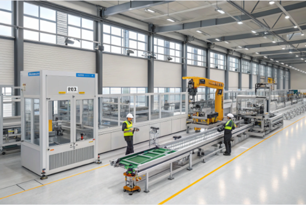Modern production line at Prime's factory, showing advanced automation equipment and trained staff handling metal components in a clean, organized environment.