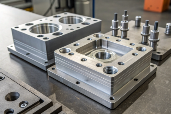 Close-up of precision-machined CNC components with detailed threading and drilled features, ready for industrial assembly or integration.