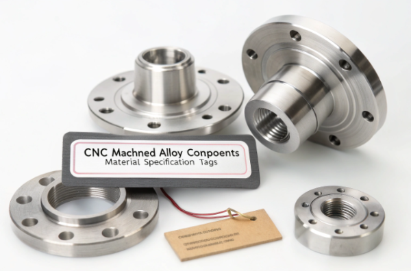 CNC machined alloy components with material specification tags, showcasing precision threading and flange detailing for industrial applications.