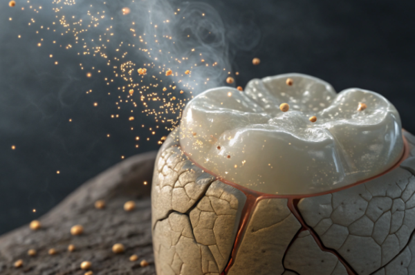 Conceptual visualization of mercury vapor release from an aged dental amalgam filling, symbolizing long-term health concerns and material breakdown.