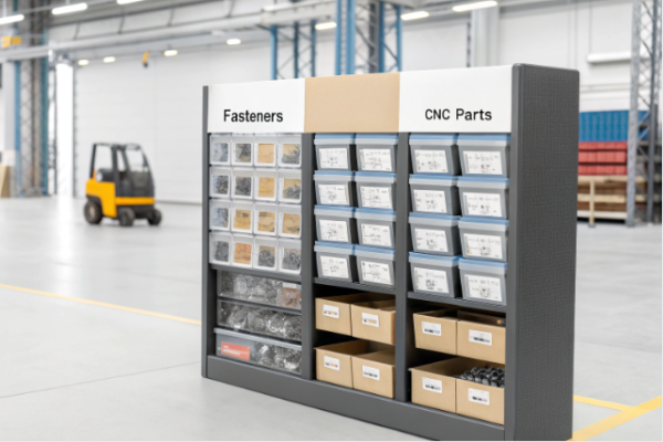 Organized packaging display of fasteners and CNC parts, labeled and sorted for efficient storage, quality control, and order fulfillment.