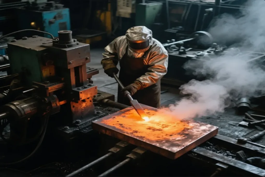 Close-up of a blacksmith working with a hammer on glowing metal in a forge, with intense heat and sparks visible.