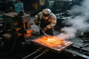 Close-up of a blacksmith working with a hammer on glowing metal in a forge, with intense heat and sparks visible.