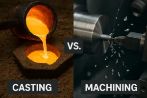Comparison of casting vs machining processes in manufacturing, with molten metal pouring and precision machining of metal parts.