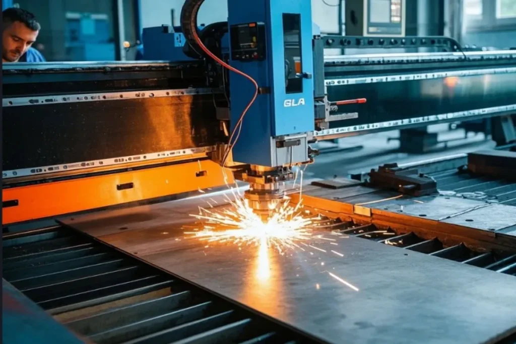 Close-up of a CNC laser cutting machine in action, cutting through metal sheet with sparks flying.