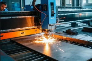 Close-up of a CNC laser cutting machine in action, cutting through metal sheet with sparks flying.